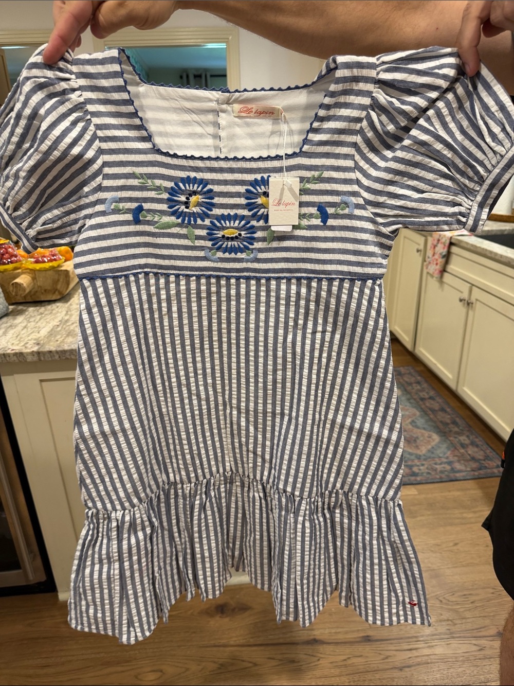 Blue & White Striped Embroidered Girls Dress